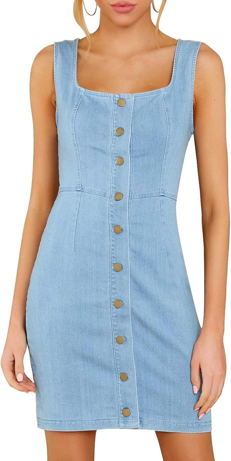 LookbookStore Women Sleeveless V Neck Button Down Frayed Hem Short Denim Dress | Amazon (US)