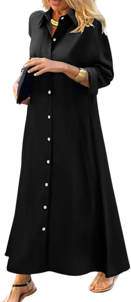 chouyatou Women's Casual Button Down Maxi Shirt Dress Long Sleeve Button Up Tunic Long Dress | Amazon (CA)