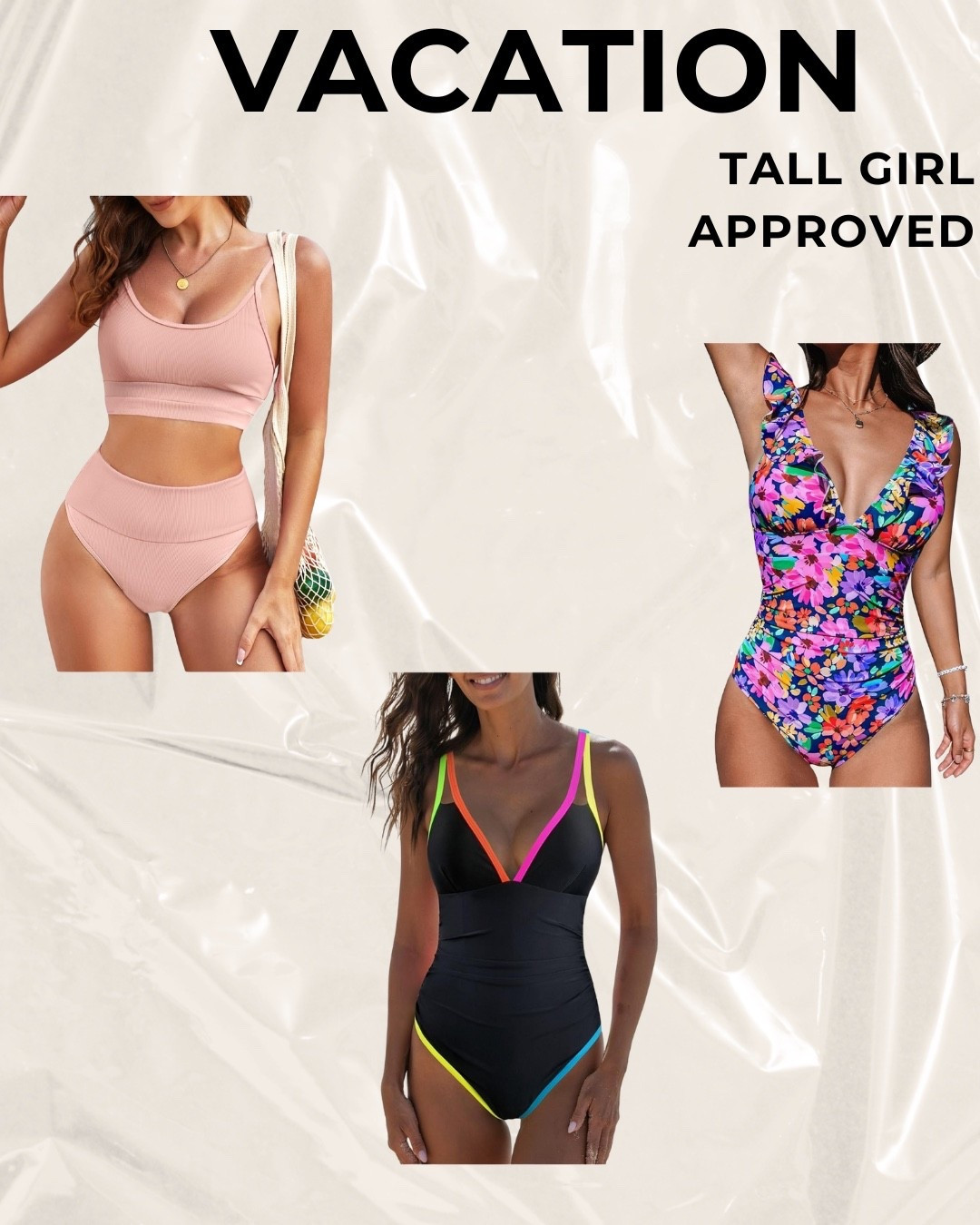 Listen.. I’m not typically a one piece girly because my torso is so long but I absolutely love these. The floral suit I actually have in 2 other colors. The neon/black one piece is so incredibly flattering and the straps are adjustable making the one piece work for us. The bikini is high waisted and looks so much more expensive than it is, I also have it in brown. 

#LTKU #LTKTall #LTKMidsize