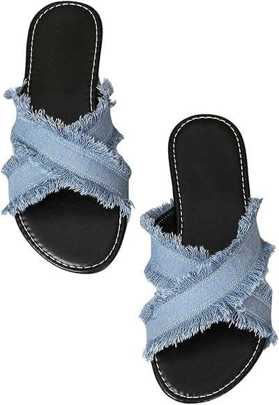 Verdusa Women's Criss Cross Denim Sandals Open Toe Slip On Slide Flats Sandal | Amazon (US)