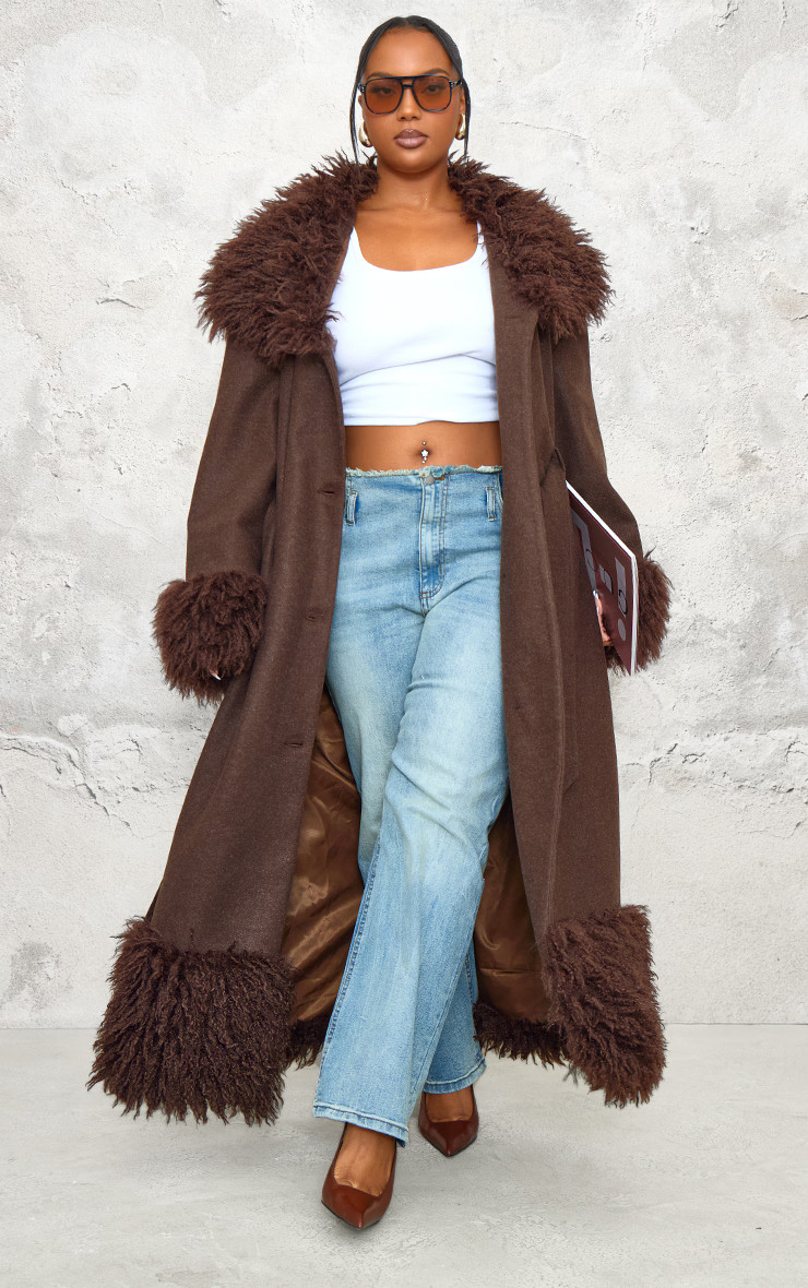 Plus Brown Faux Fur Trim Constrast Wool Look Coat | PrettyLittleThing US