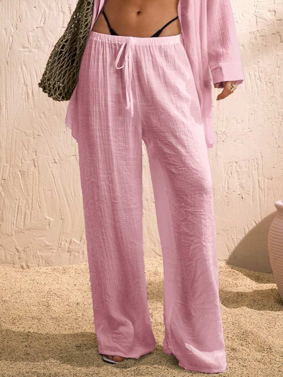 Swim Chiccia Women Summer Beach Solid Color Drawstring Wide Leg Pants | SHEIN