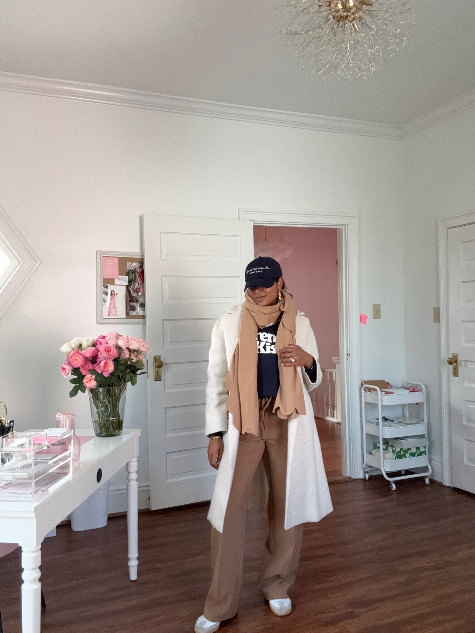 Sézane, Dudley Stephens, Mary K. Kendig, winter outfit inspo, workwear inspo, neutral outfit inspo, lightweight scarf, sweatshirt, trousers, gold jewelry

#LTKSeasonal #LTKStyleTip #LTKWorkwear