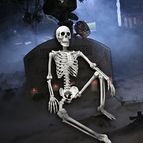 38" Posable Halloween Skeleton Decorations - Full Body Halloween Skeleton with Movable Joints for Haunted House Graveyard Props Indoor and Outdoor Decor (White) | Amazon (US)