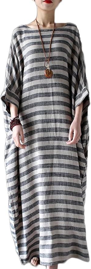 LUZU JUNU Women Cotton Linen Caftan Robe Striped Casual Loose Bat-Wing Sleeve Long Maxi Dress | Amazon (US)
