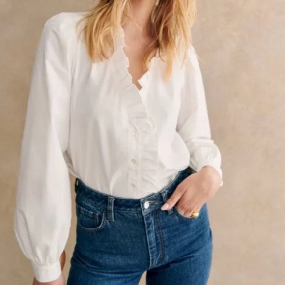 SEZANE White Chamise Aluki Rosine‎ Ruffle Button Down Shirt | Poshmark