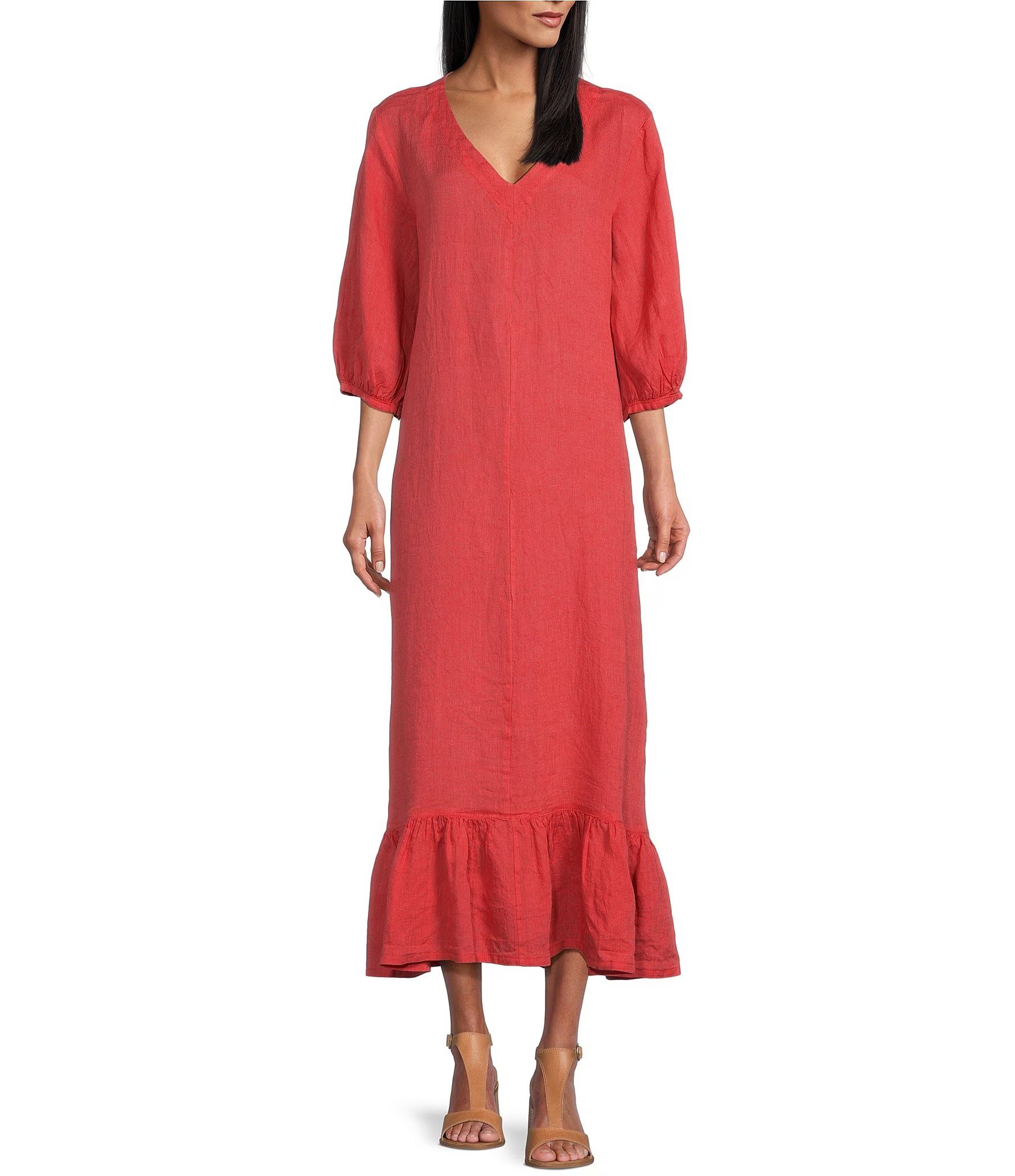 Lana Cross-Dyed Linen V-Neck 3/4 Puff Sleeve Ruffle Hem Shift Maxi Dress | Dillard's