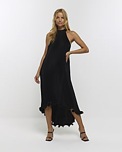 Black plisse frill hem slip midi dress | River Island (UK & IE)