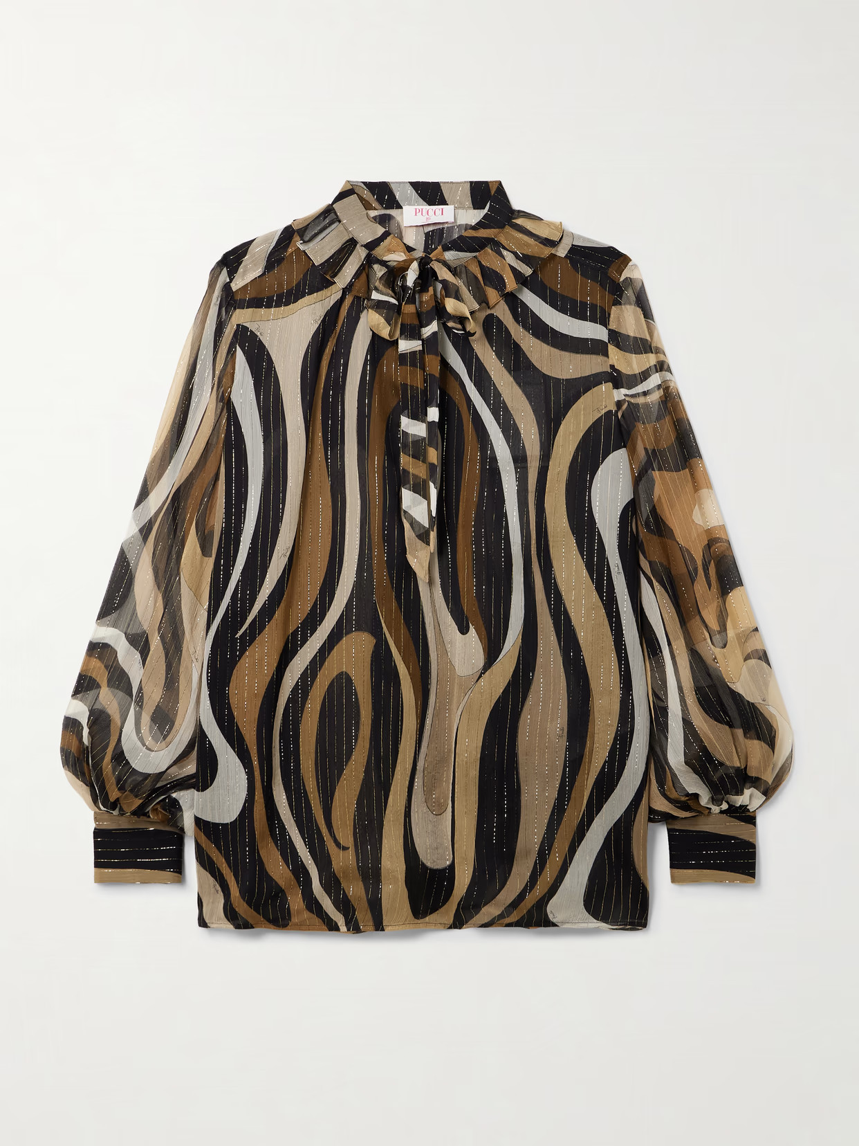 PUCCI - Ruffled Metallic Silk-blend Crepon Pussy-bow Blouse - Gold | NET-A-PORTER (US)