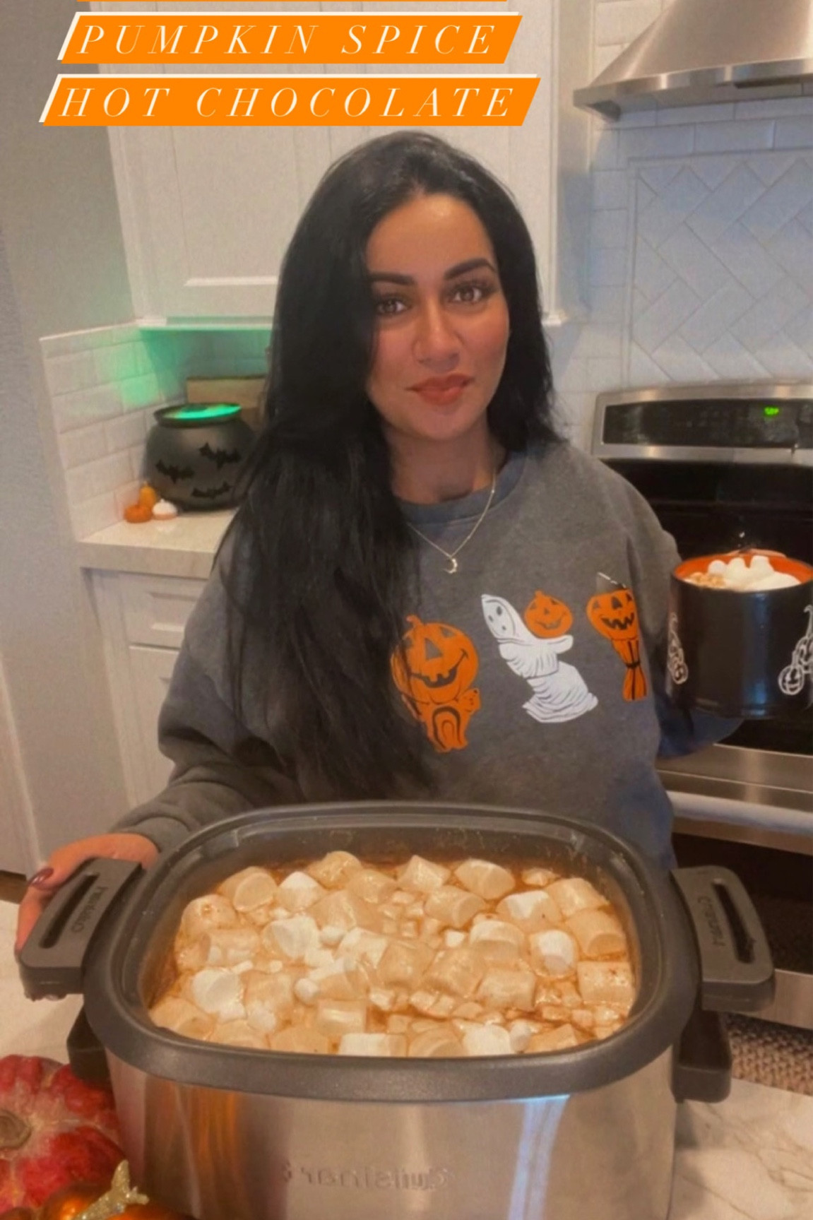 Slow Cooker Pumpkin Spice Hot Chocolate
🍁 1 gallon 2% milk (or whatever type you prefer)
🍁 1/2 cup unsweetened cocoa powder
🍁 24 oz. dark chocolate chips
🍁 1 tbsp. vanilla extract
🍁 2 tbsp.  pumpkin pie spice 

Add everything into your slow cooker, stir, cover & cook on high for 2.5 hours.

Serve topped with marshmallows & whip cream! Enjoy🤎

Slow cooker, graphic pullover, & other details linked below!🛍
.
.
.
Halloween graphic pullover. Halloween style. Slow cooker. Fall eye shadow. Fall lip stain. Crescent moon necklace. Halloween mugs. Cauldron. 

#LTKstyletip #LTKHalloween #LTKhome