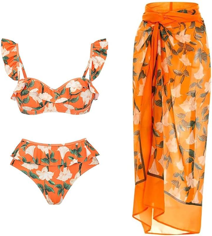 ABOCIW Womens Floral Print Bikini Sets with Swimsuit Coverup Long Beach Wrap Skirt 2 Piece High W... | Amazon (US)