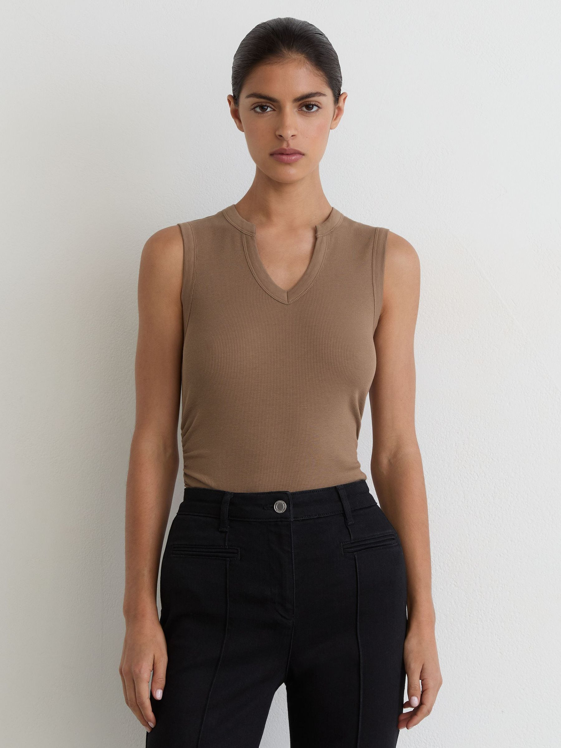 Reiss Cotton-Stretch Notch-Detail Vest in Taupe Neutral - REISS | Reiss UK
