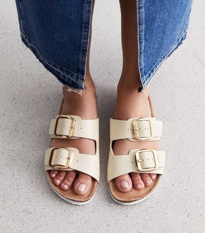 Cream Leather-Look Buckle Strap Footbed Sliders
						
						Add to Saved Items
						Remove from... | New Look (UK)