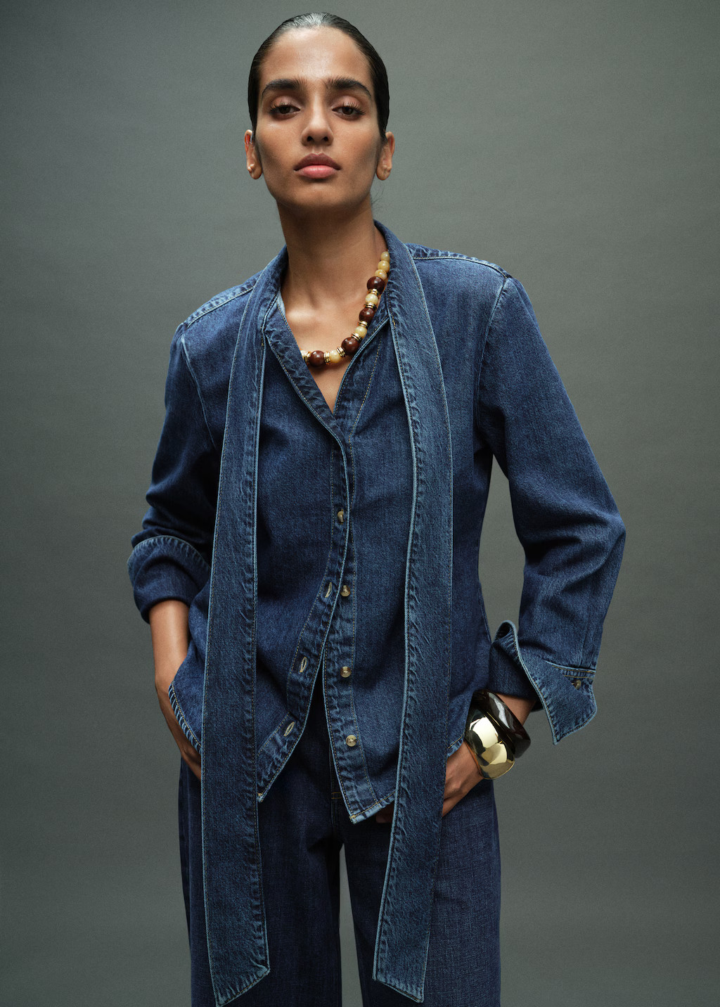 Denim shirt with bow - Women | MANGO USA | Mango (US/MX/AU)