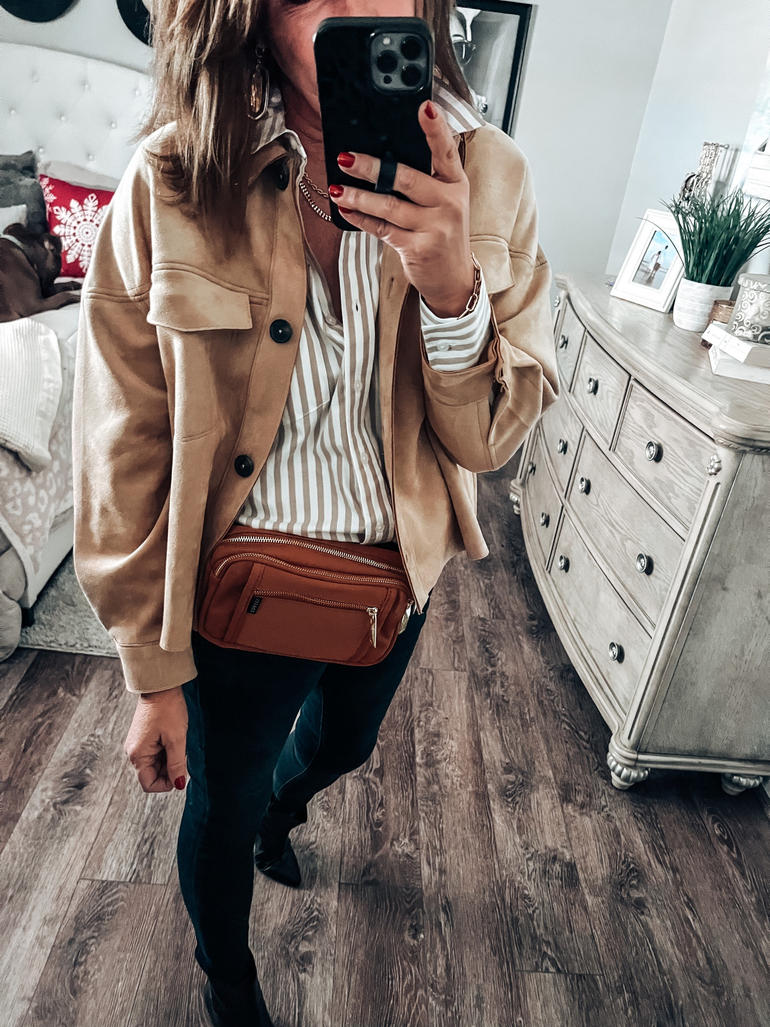 Sale alert 🚨!! The Limited Striped Shirt and cropped jacket, both fits tts more colors. Knit pull on jeans black boots, cognac belt bag, gold accessories, gold chain, bracelet set 

Winter outfit, sale, doorbuster, weekend outfit, business casual, casual workwear, express, boots, amazon finds, amazon fashion

#LTKsalealert #LTKunder50 #LTKstyletip