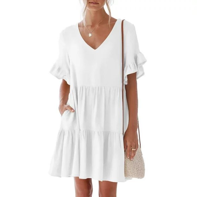Zpanxa Summer Dresses for Women Summer Casual Dress Sweet & Cute V-Neck Mini Dress with Pocket Sh... | Walmart (US)