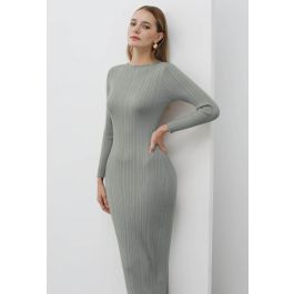 Stripe Texture Fitted Knit Maxi Dress in Pea Green | Chicwish