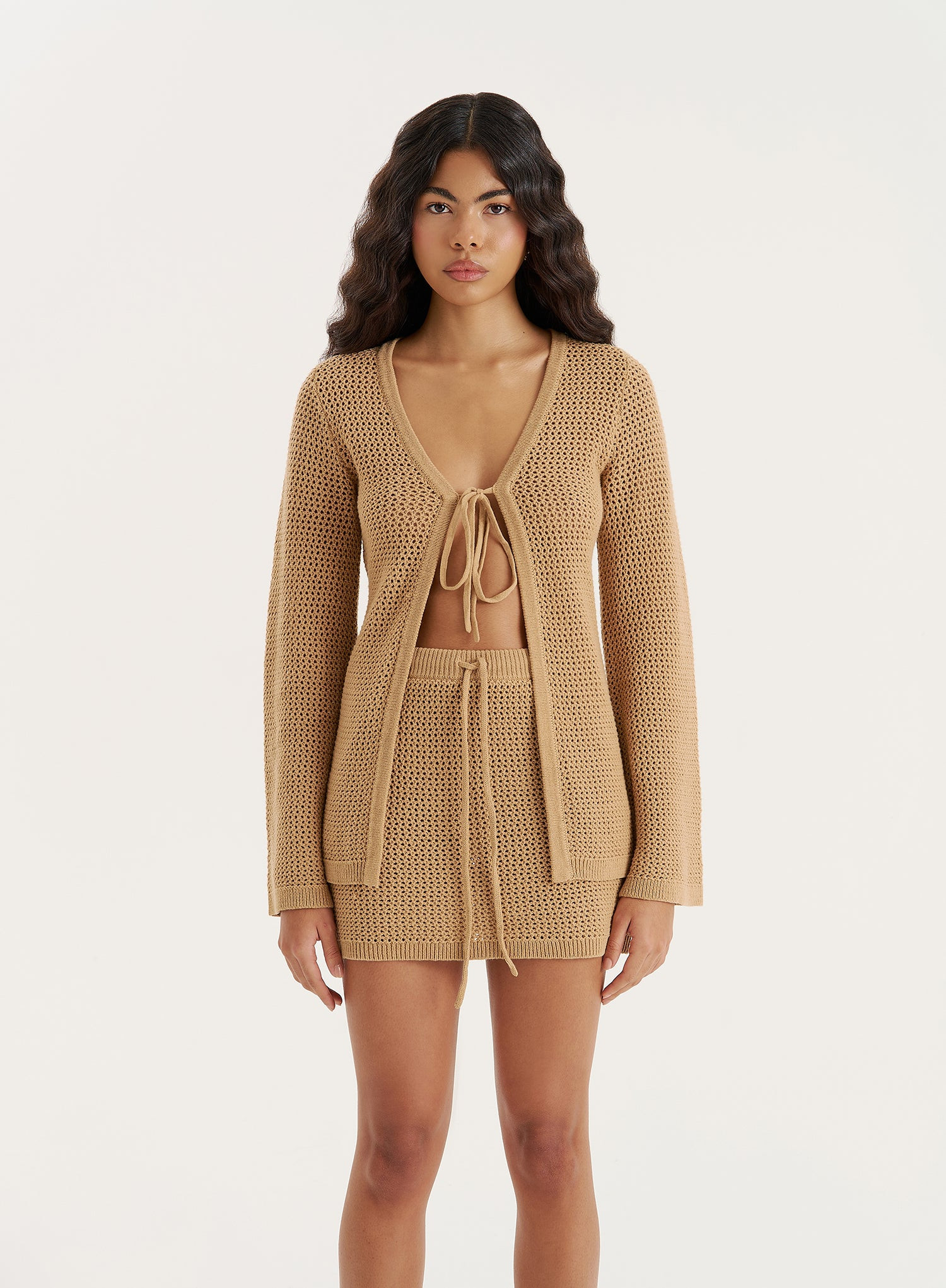 Beige Knitted Tie Front Long Sleeve Top- Elouise | 4th & Reckless