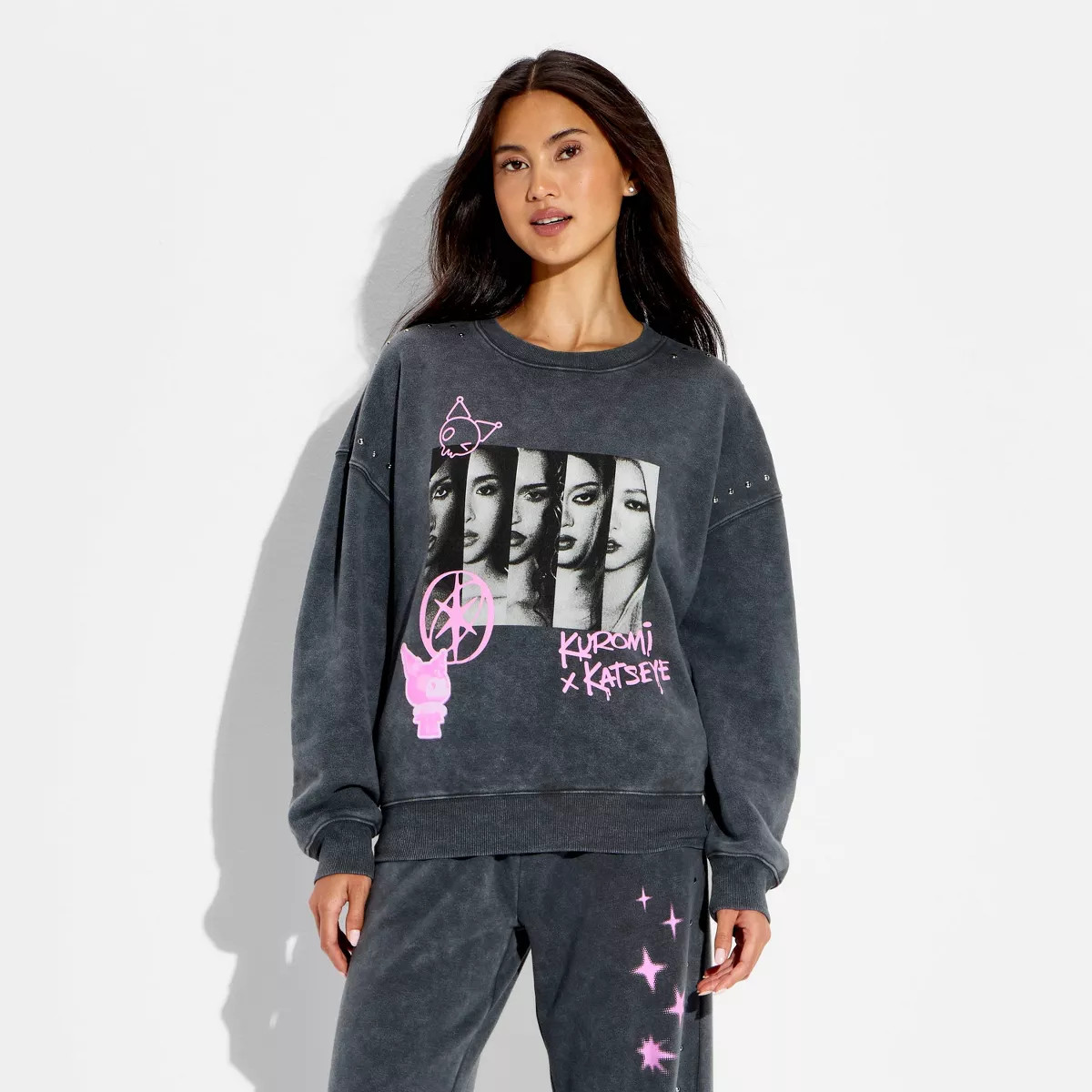 Women's Kuromi x Katseye Fleece Graphic Crew Sweatshirt - Black Wash XS | Target