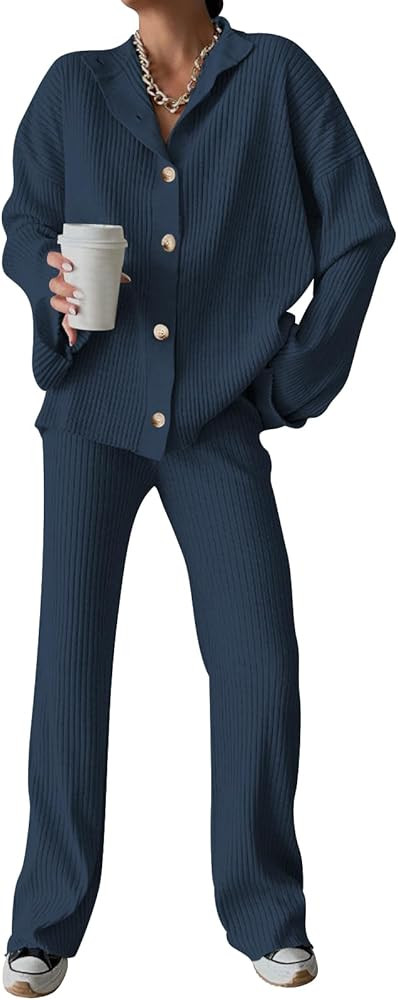 Cakulo Womens Lounge Sets 2 Piece Outfits 2025 Button Cardigan Knit Sweater Pants Loungewear Matc... | Amazon (US)