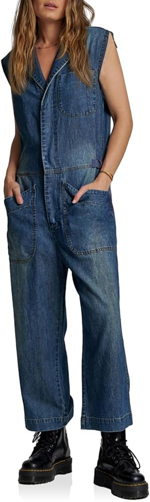 Cicy Bell Women's Sleeveless Denim Jumpsuits Loose V Neck Button Down Zip Up Jeans Long Pants Rom... | Amazon (US)