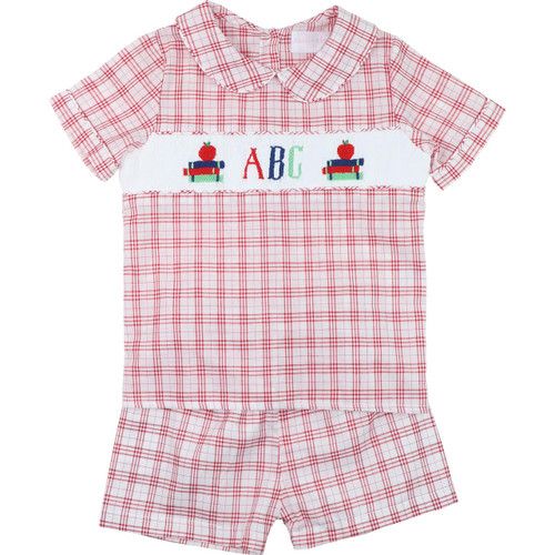 Red Plaid Smocked ABC Short Set  - Shipping Late July | Cecil and Lou