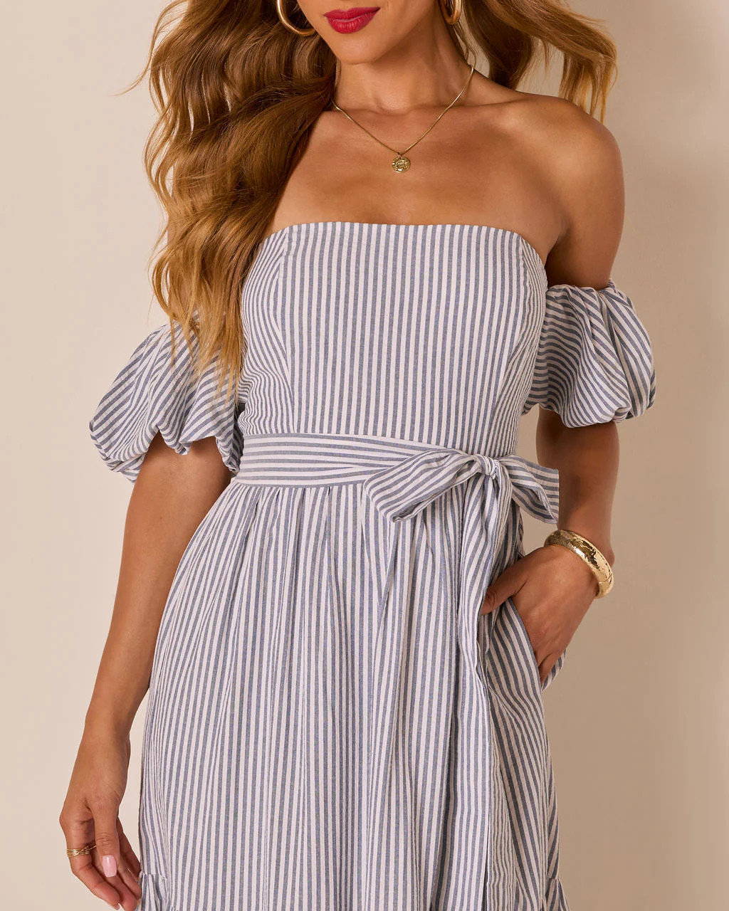 Annah Striped Off The Shoulder Maxi Dress | VICI