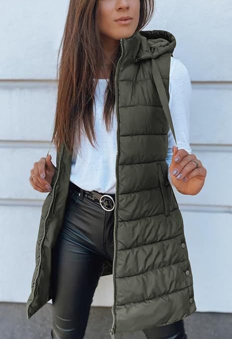 Veatzaer Women Long Vest Solid Color Sleeveless Hood Winter Puffer Vest Outwear | Amazon (US)