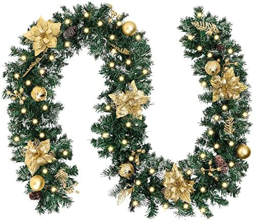 CEWOR 9 Ft Artificial Christmas Garland Green Rattan with Gold Flower Decorations with 50 Warm White | Amazon (US)