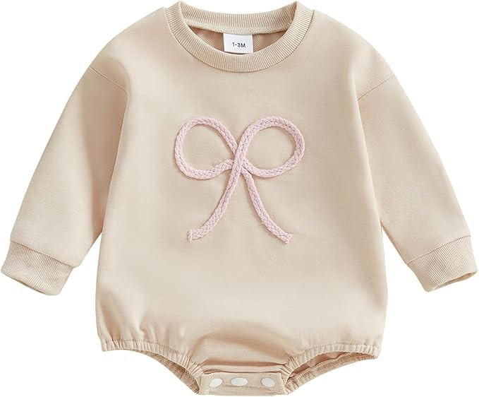 Newborn Infant Baby Girl Fall Clothes Bow Emboridery Sweatshirt Bubble Romper Oversized Long Slee... | Amazon (US)