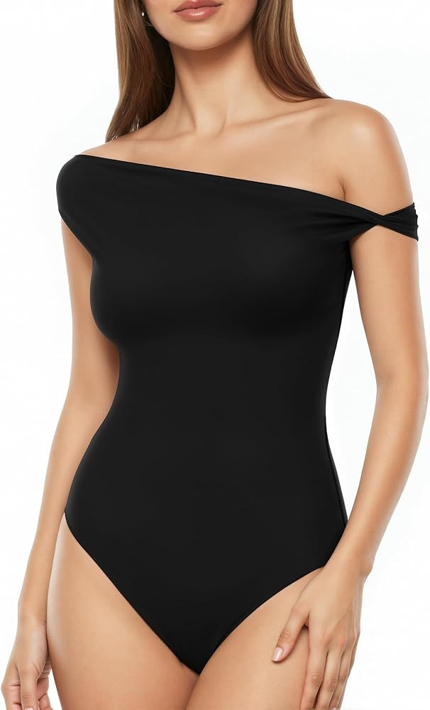 MANGOPOP Women's Off The Shoulder Double Lined Bodysuit Versatile Thong Body Suit Going Out Summe... | Amazon (US)
