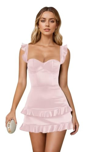 RLGIZCR Pink Tiered Ruffle Mini Homecoming Dresseses for Women Satin Bodycon Sweetheart Neckline Party Dress | Amazon (US)