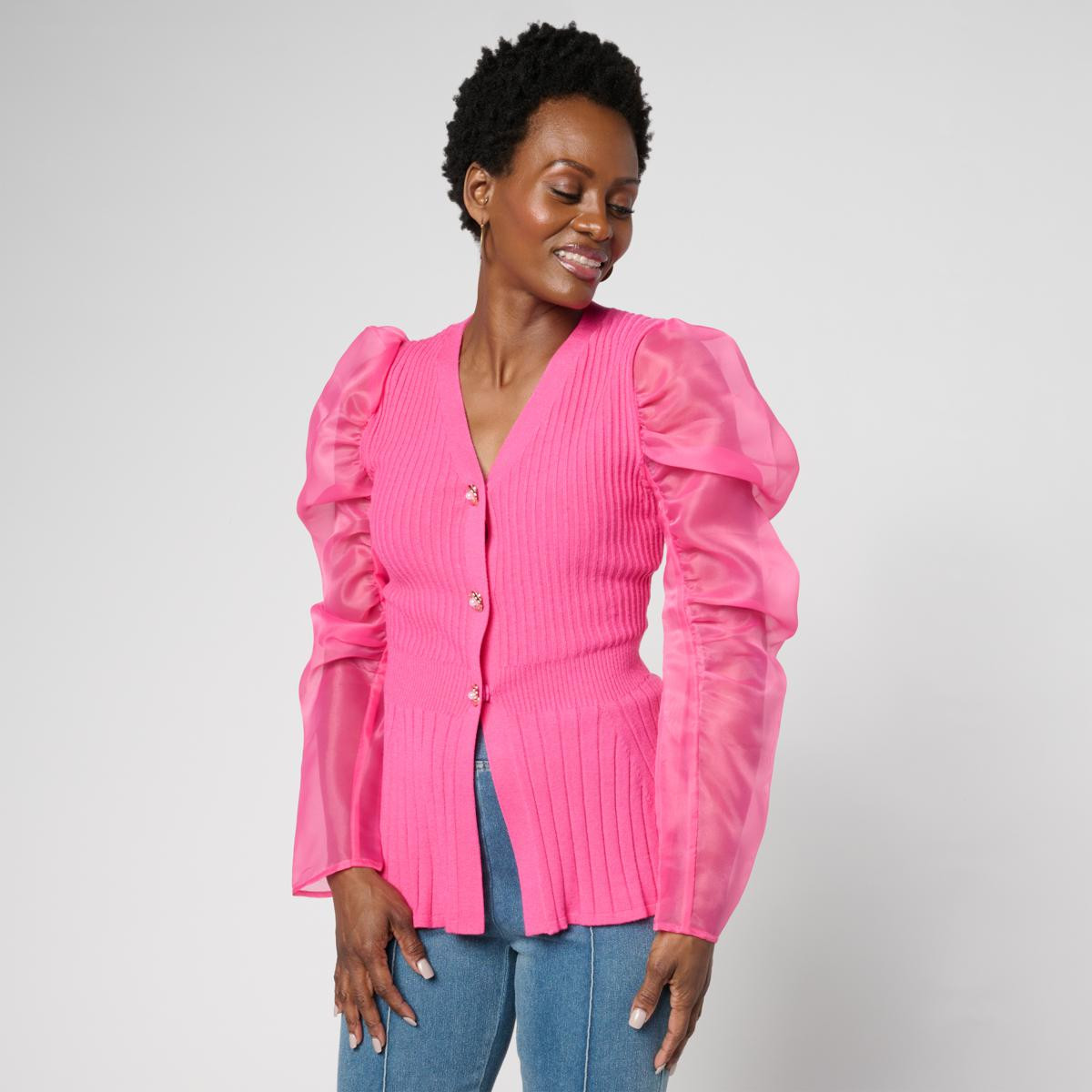 C Wonder Organza Sleeve Ribbed Cardigan | HSN