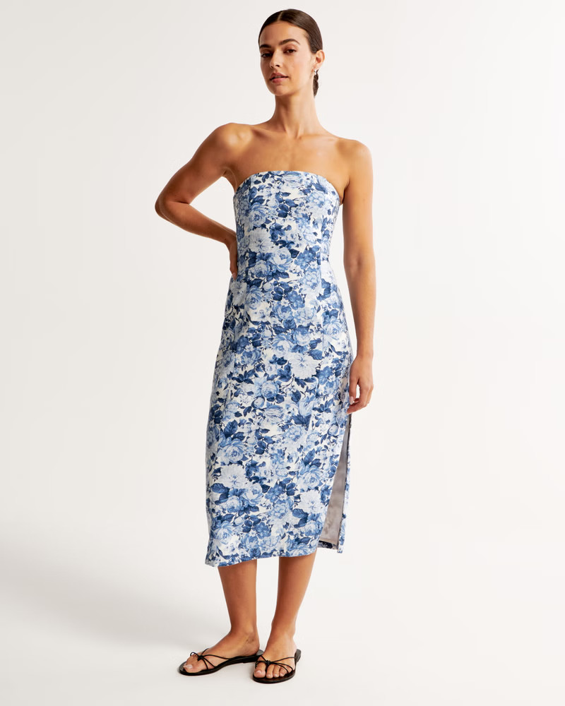 Strapless Linen-Blend Midi Dress | Abercrombie & Fitch (US)