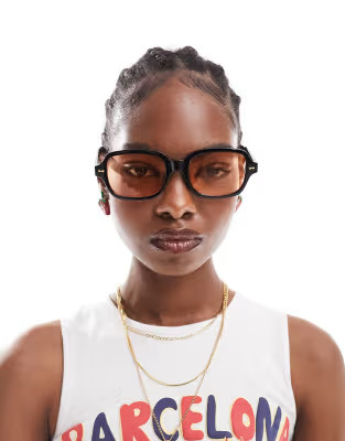 ASOS DESIGN mid square fashion glasses in black with orange lens | ASOS (Global)