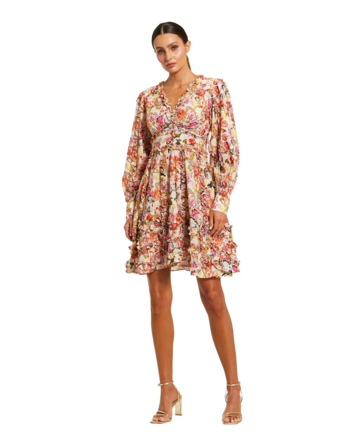 Mac Duggal Women's V-Neck Cotton Mini Dress with Ruffles and Multicolor Floral Print - Pink multi | Macy's
