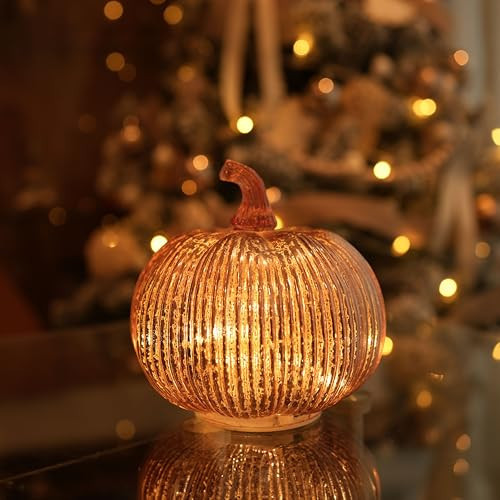 hvfun Rosegold Thanksgiving Decorative Artificial Pumpkins-Mercury Glass Light up Pumpkin with Timer- Table Centerpieces for Home Decor-Lamps for Festive Decoration | Amazon (US)