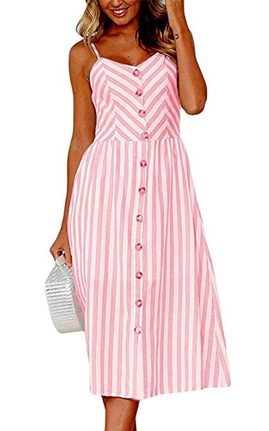 Angashion Women's Dresses-Summer Floral Bohemian Spaghetti Strap Button Down Swing Midi Dress wit... | Amazon (US)