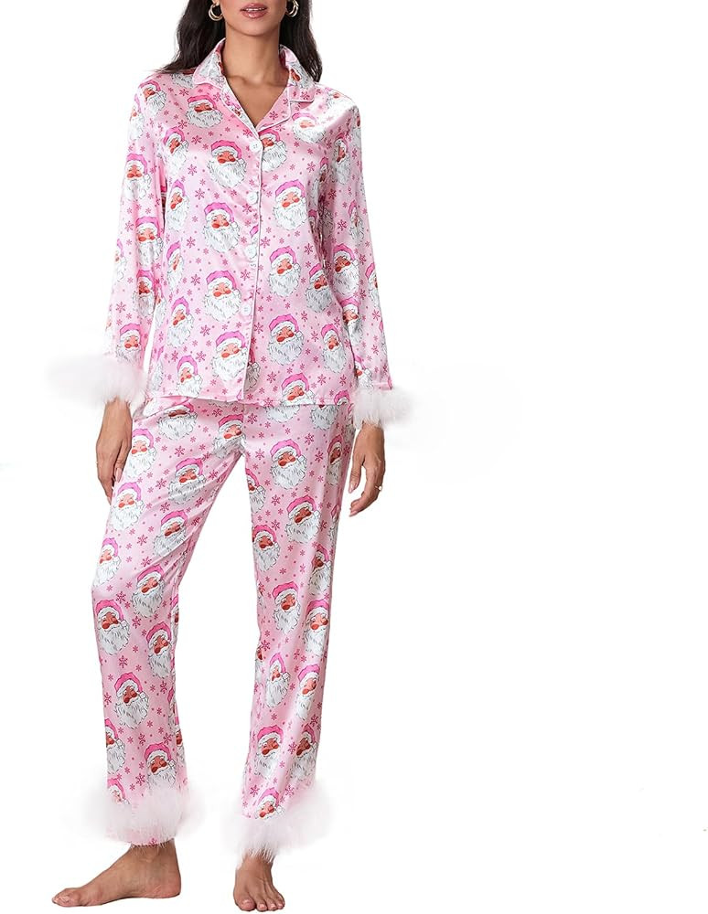 NUFIWI Christmas Pajams Set for Women Long Sleeve Button Down Shirt Feather Trim Sleepwear Loungw... | Amazon (CA)