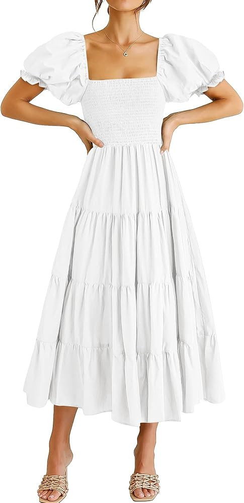 ANRABESS Women's Casual 2024 Summer Fashion Midi Dress Puff Short Sleeve Square Neck Smocked Tier... | Amazon (US)