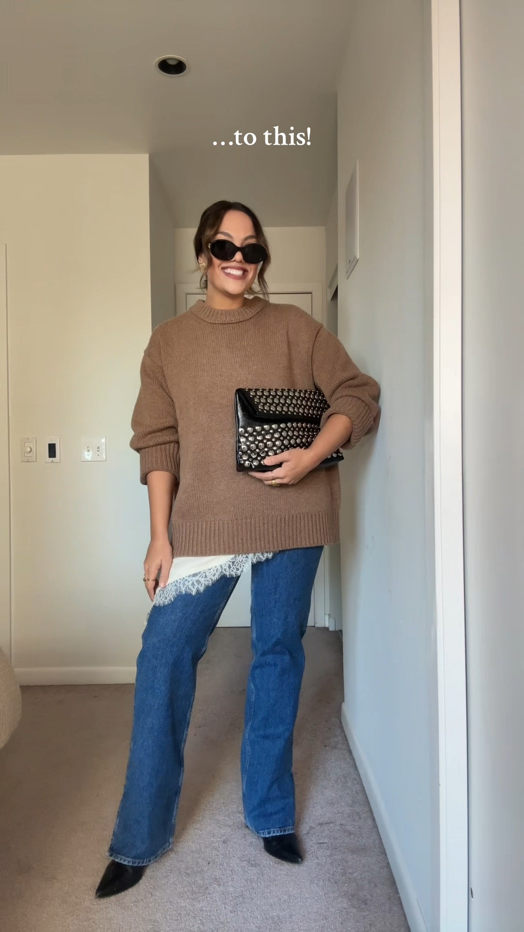 Let’s elevate your outfit with your HASS: thinking about your hair, accessories, styling, and shoes will help you to elevate your basic every day outfits.

-Reformation tan oversized knit sweater, I have a size medium.
-Anine Bing medium wash long straight jeans with a split him, I have a size 30. Similar options also linked.
-Zara cream lace asymmetrical dress, I have a size large.
-Poppy Barley black knee-high leather boots. I have the wide calf width.
-Anthropologie black studded clutch purse.
-Celine Triomphe black rounded sunglasses.

#LTKwinter #LTKstyletip #LTKfall