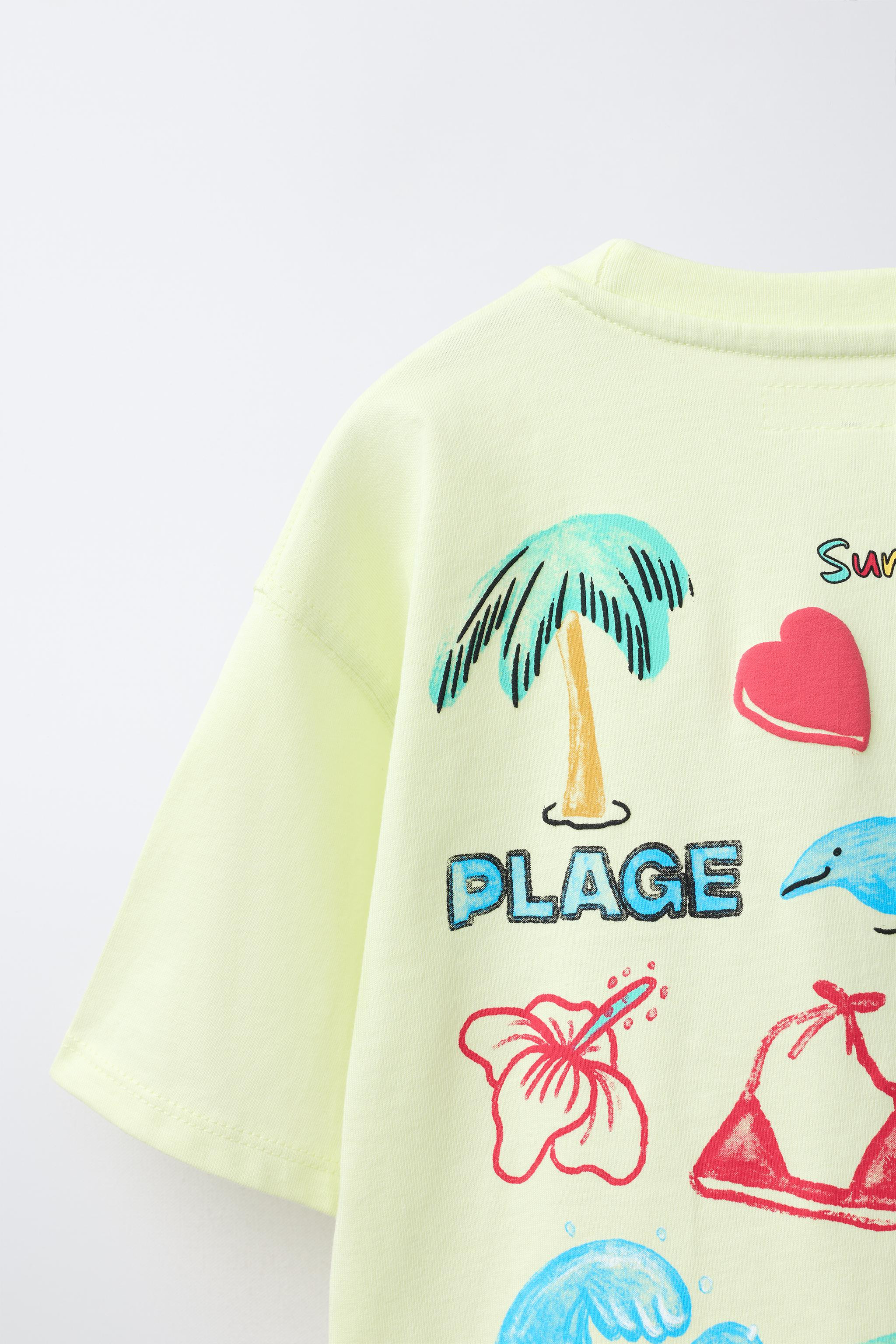 Round neck T-shirt with short sleeves. Front and back beach print. | Zara US