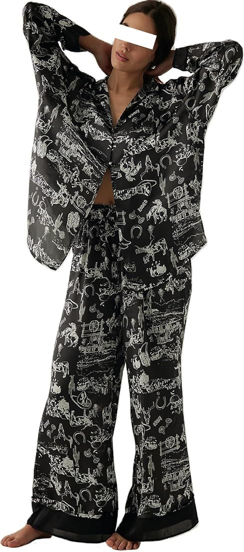 LILTWIST Silk Satin Western Cowgirl Pajamas for Women 2 Piece Floral Pjs Wide Leg Lounge Pants Lo... | Amazon (US)