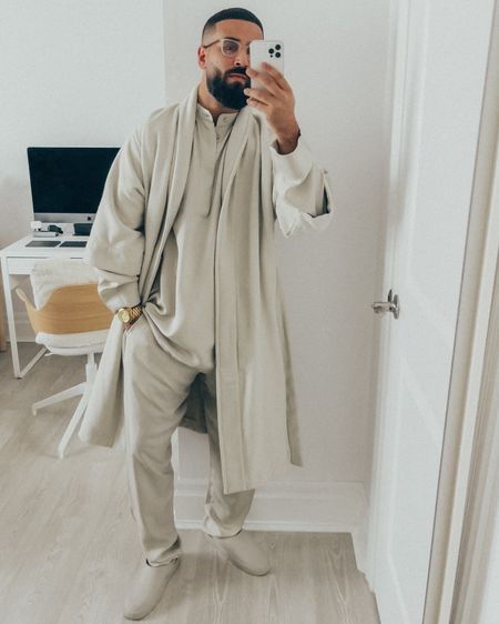 SALE 🚨pieces from this look are currently on sale up to 60% off… FEAR OF GOD Robe in ‘Cement’ (size S/M), Silk Long Sleeve Shirt in ‘Cement’ (size M), Silk Lounge Pant in ‘Cement’ (size M), and California slides in ‘Cement’ (size 41). FEAR OF GOD x BARTON PERREIRA glasses in ‘Matte Taupe’. A relaxed, sleek and cozy men’s look for a chill day at home. 

#LTKmens #LTKsalealert #LTKstyletip