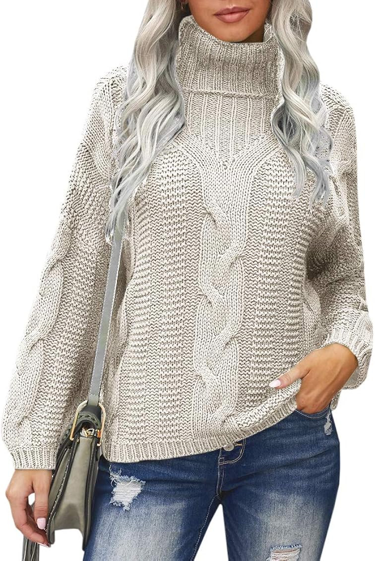 Womens Cable Knit Pullover Sweater Turtleneck Batwing Long Sleeve Casual Loose Fit Jumper Tops | Amazon (US)