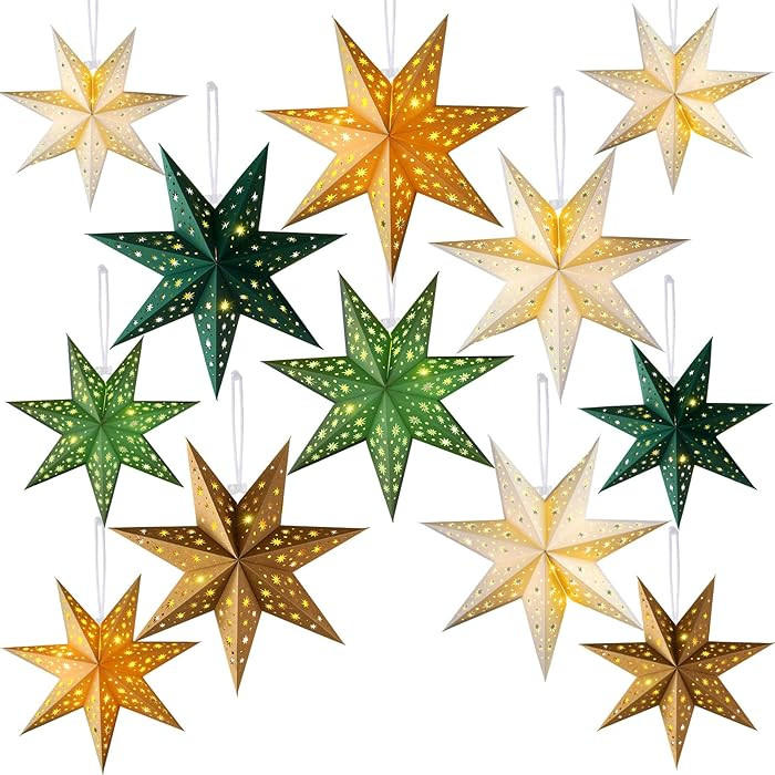 12 Pcs Christmas Paper Star Lantern 7/8/9 Points Sage Green Hanging Ornament 3D Neutral Star Lant... | Amazon (US)