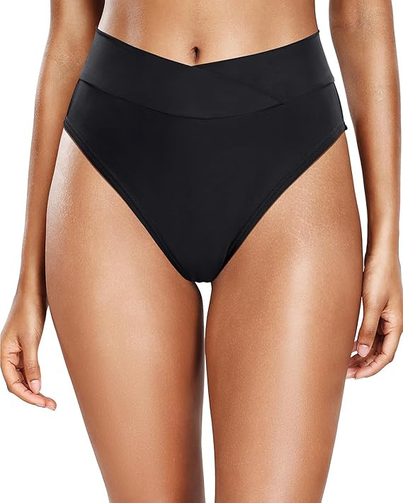 Tempt Me Women's High Waisted Bikini Bottom Crossover V Cut Bathing Suit Swim Bottom | Amazon (US)
