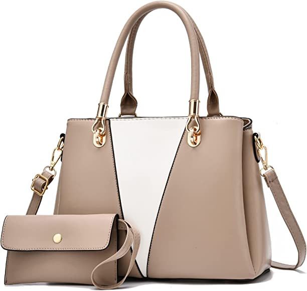 Womens Handbags Purse Top Handle Bags Stitching Leather Satchel Purse Set 2pcs Totes Shoulder Bag... | Amazon (US)