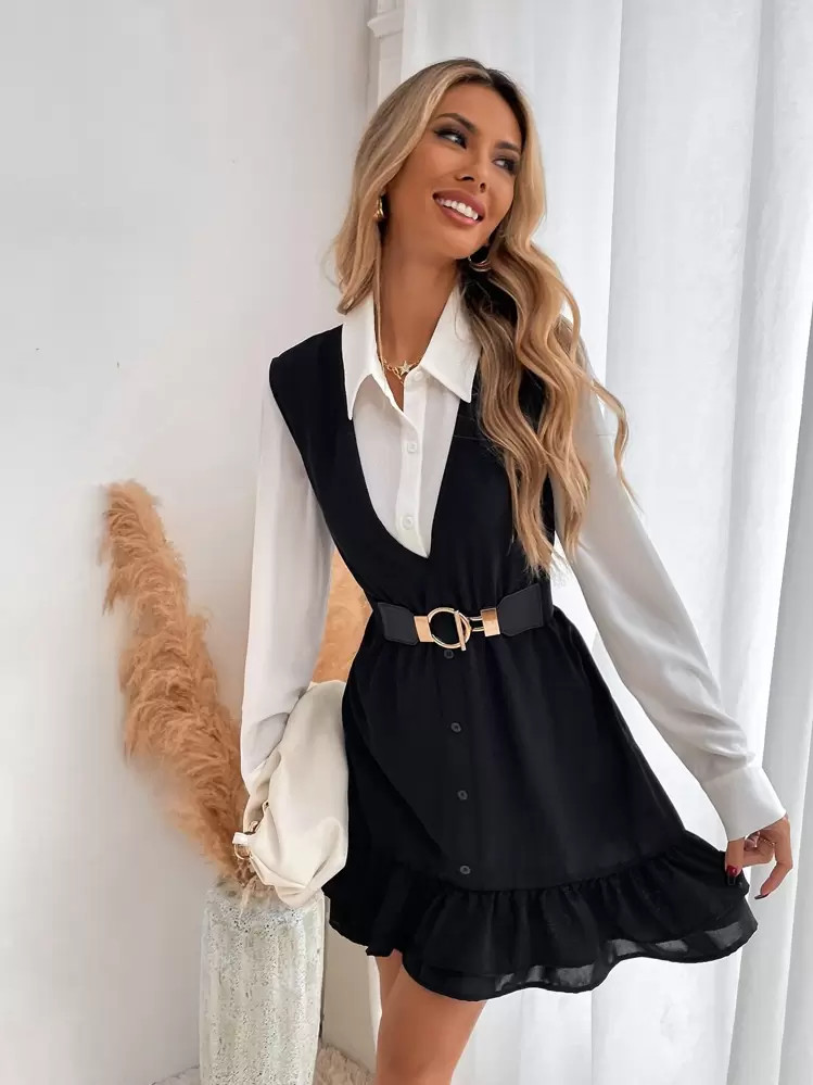 Pariaura 1pc Women's Black And White Elegant Office Autumn Back-To-School Solid Ruffle Hem Dress,Ladies Casual Button Deep V Neck A Line Short Tiered Dresses | SHEIN