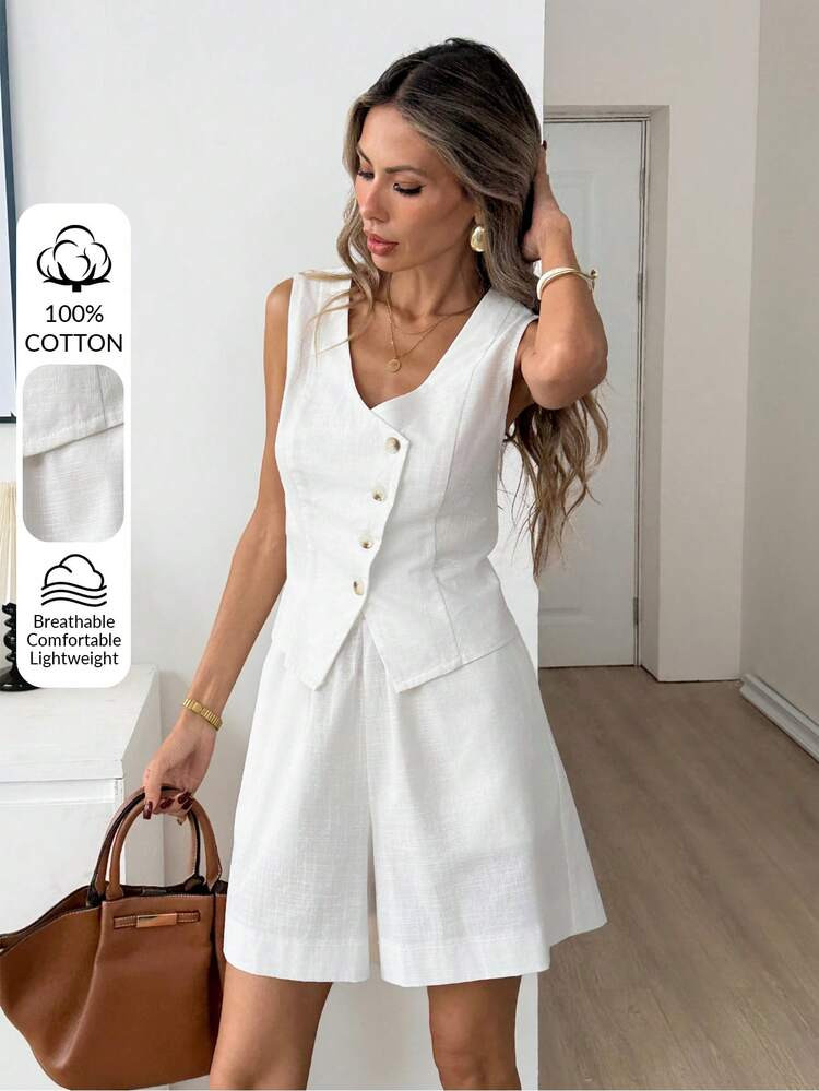 Easowa Lässiges Zweiteiliges Set Aus Tanktop Und Shorts Einfarbig Für Damen. Atmungsaktives, Asymmetrisches Set Aus Weste Und Shorts Aus 100 % Baumwolle. Zweiteiliges Sommer-Set Aus Weißer Baumwolle Mit Weste Und Shorts Für Damen. Sommeroutfit Für Damen, Frühlingsoutfit, Urlaubsoutfit Für Damen, Zweiteiliges Set In Weiß Für Damen. | SHEIN